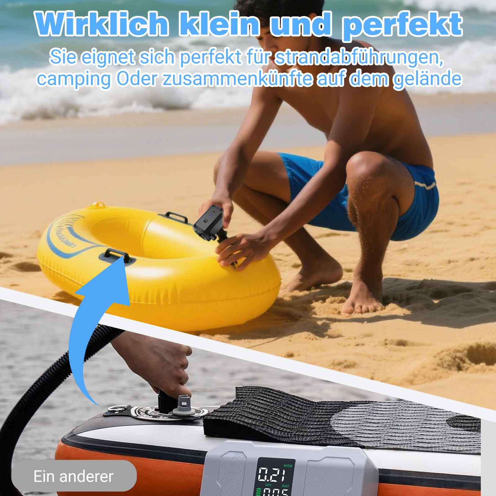 Collage: Oben zeigt ein Mann, der eine gelbe Schwimmboje am Strand aufpumpt; unten zeigt ein Luftpumpen-Display.