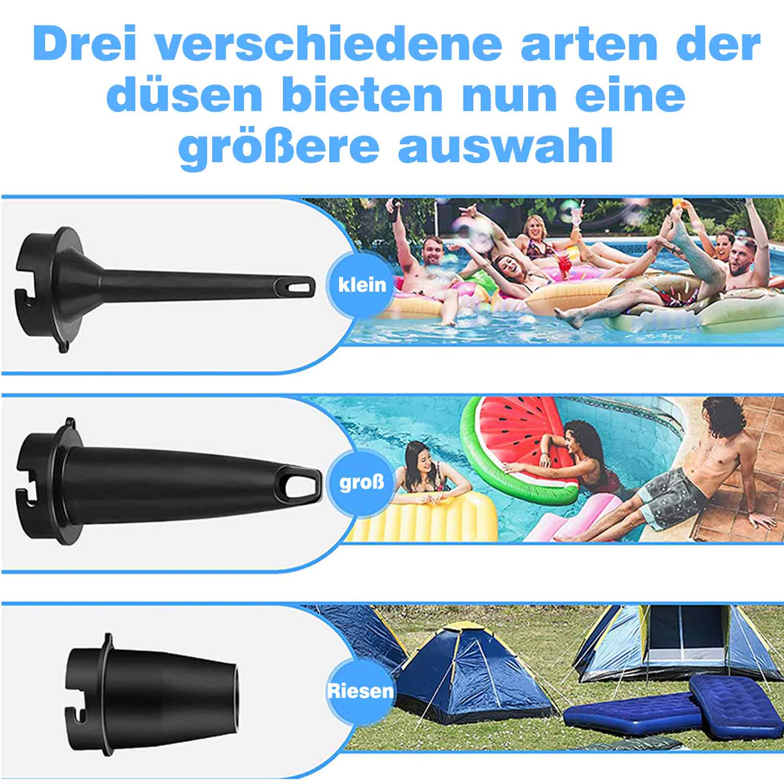 Drei Düsenaufsätze mit Bildern von Personen, die sie mit Pools und Zelten benutzen.