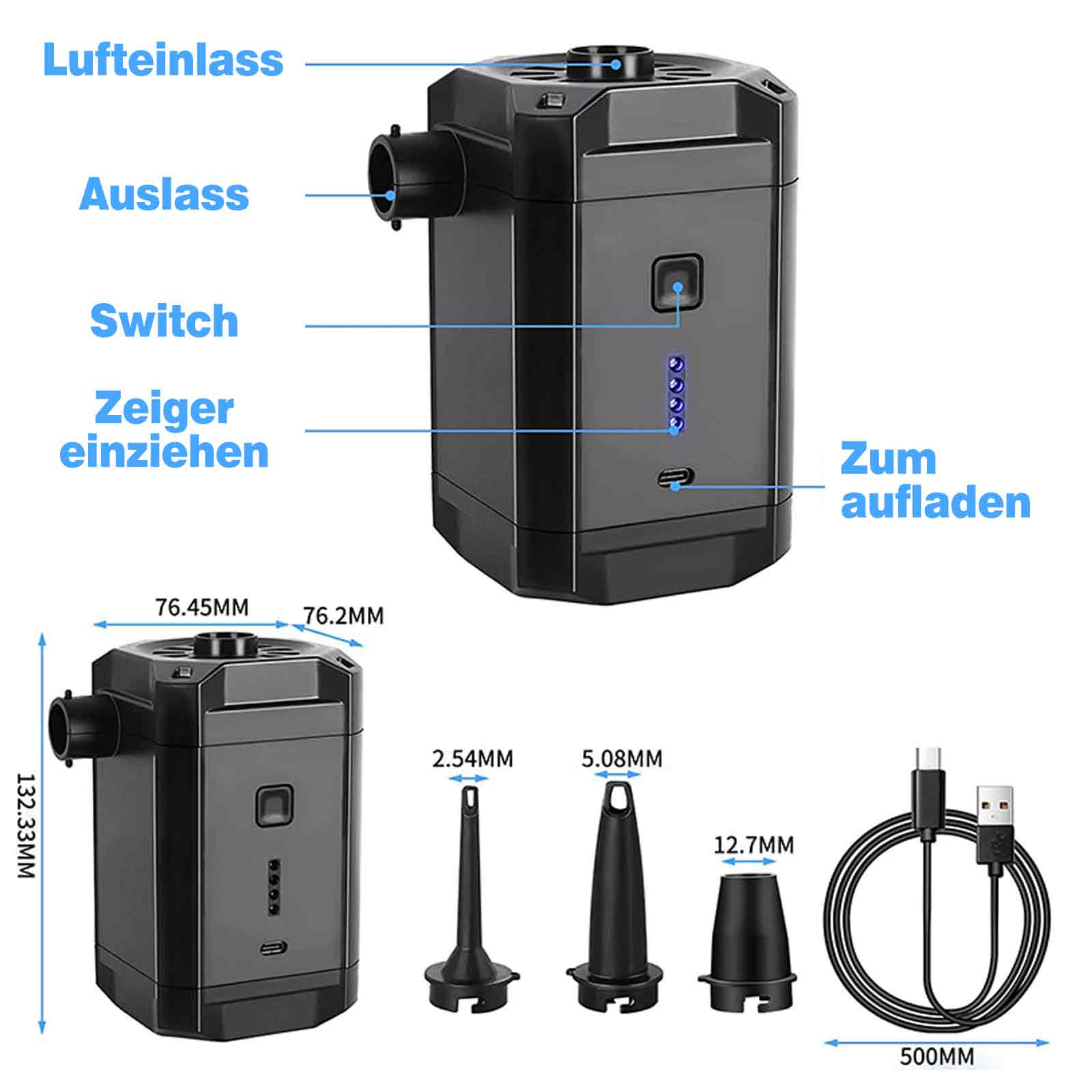 Schwarze aufblasbare Pumpe mit Teilen, Abmessungen und USB-Kabel zum Aufladen.