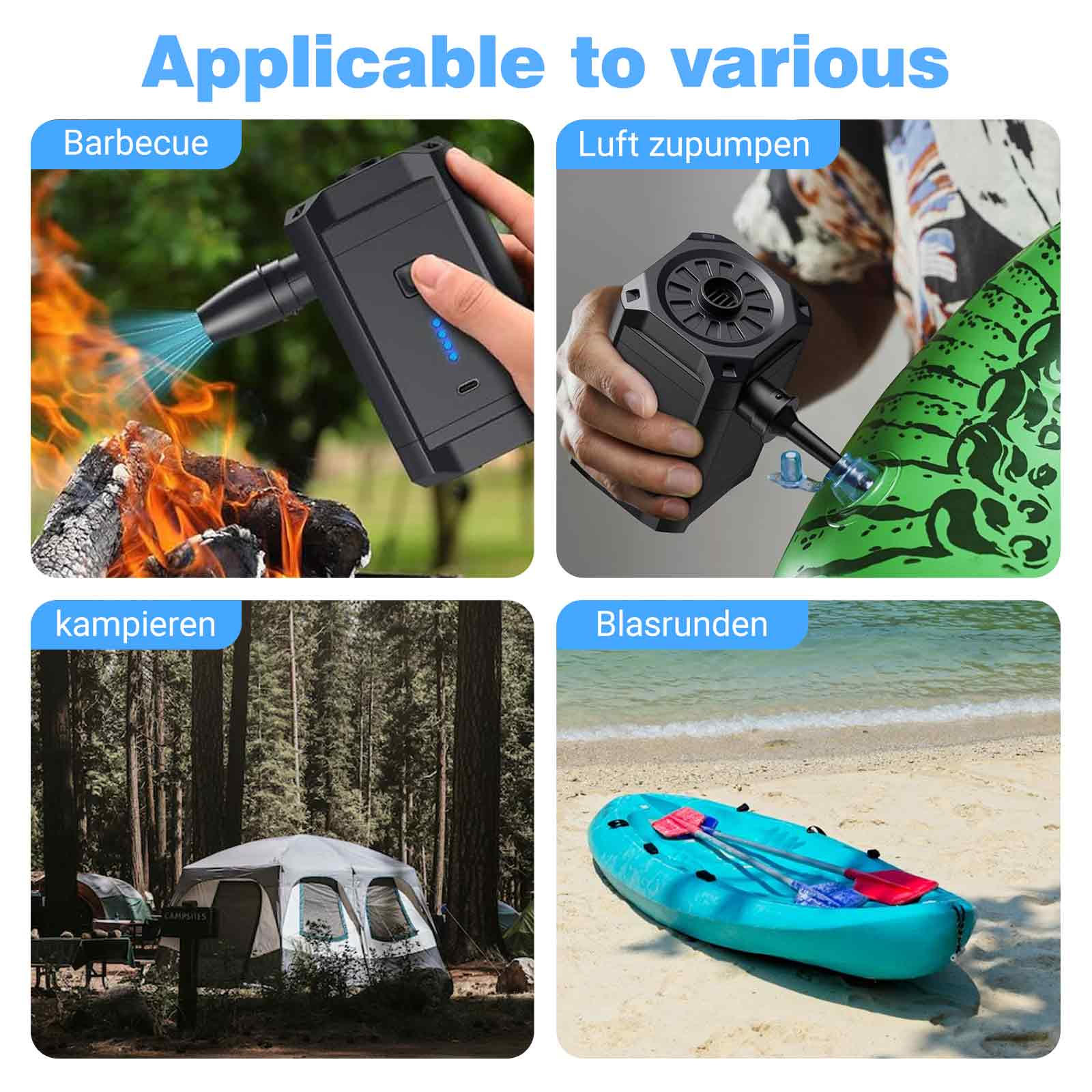 Bilder, die die Pumpe bei der Verwendung für Grillen, Aufblasen eines Schwimmers, Camping und Bootfahren zeigen.