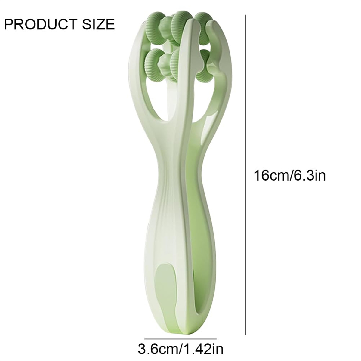 Eine grüne Massagerolle mit den Abmessungen 16 cm/6,3 Zoll und 3,6 cm/1,42 Zoll.