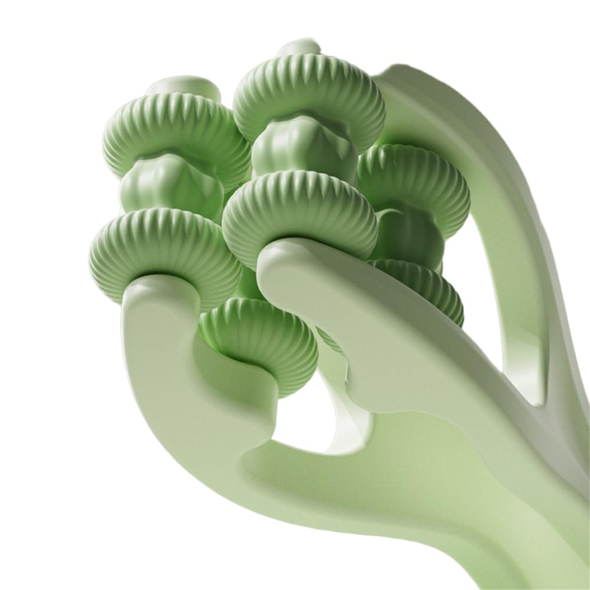 Nahaufnahme eines hellgrünen Rollenmassagegeräts mit strukturierten Rollen, das für Handmassage und Schmerzlinderung entwickelt wurde.