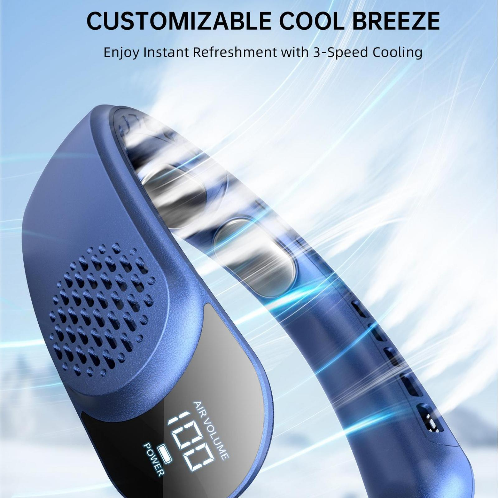Blauer tragbarer Nackenventilator mit digitaler Anzeige zur Anzeige des Luftvolumens, entwickelt für anpassbare Kühlung mit drei Geschwindigkeitsstufen.