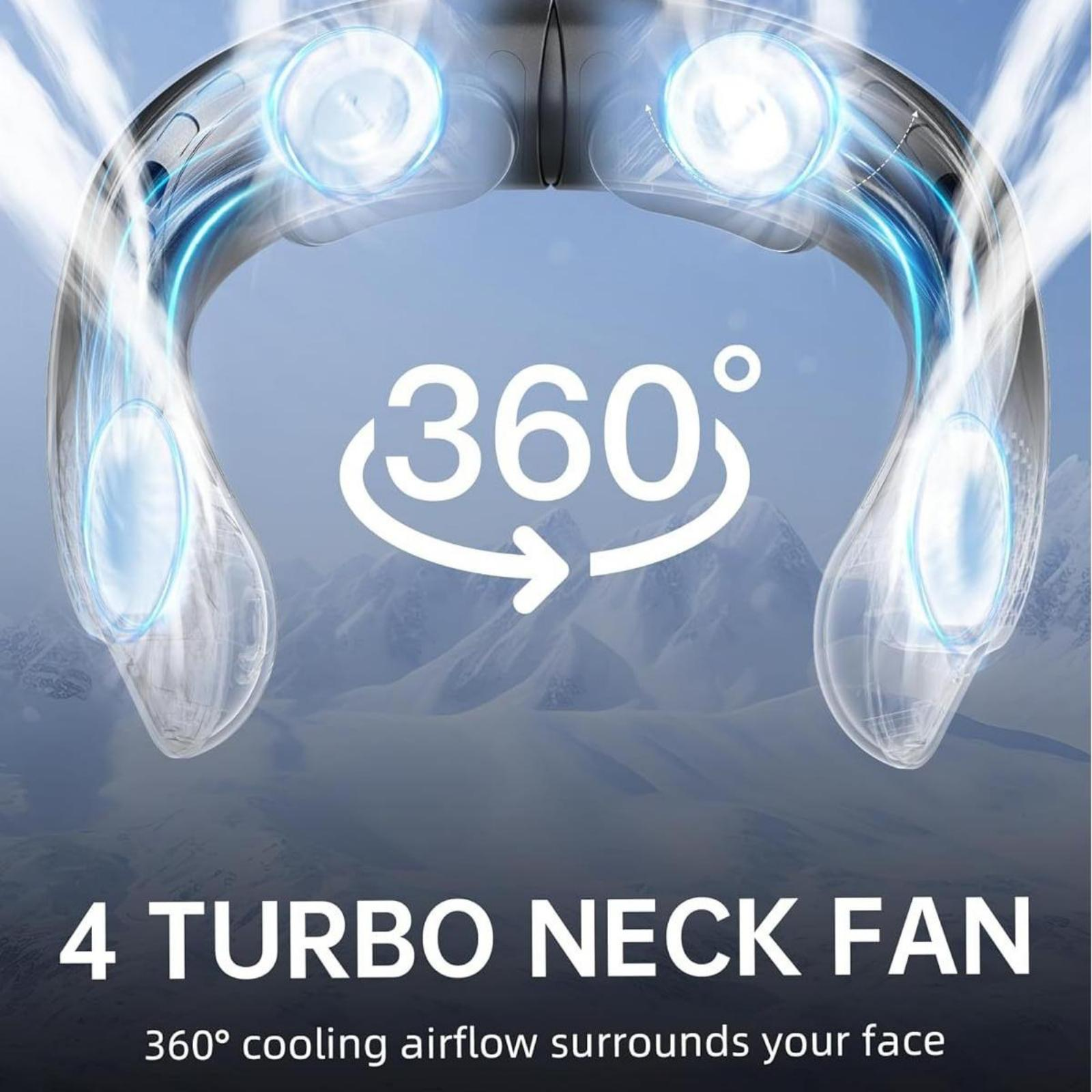Nackenventilator bläst Luft, mit Textüberlagerung, die seinen 360-Grad-Luftstrom und das Vier-Turbo-Ventilatordesign erklärt.