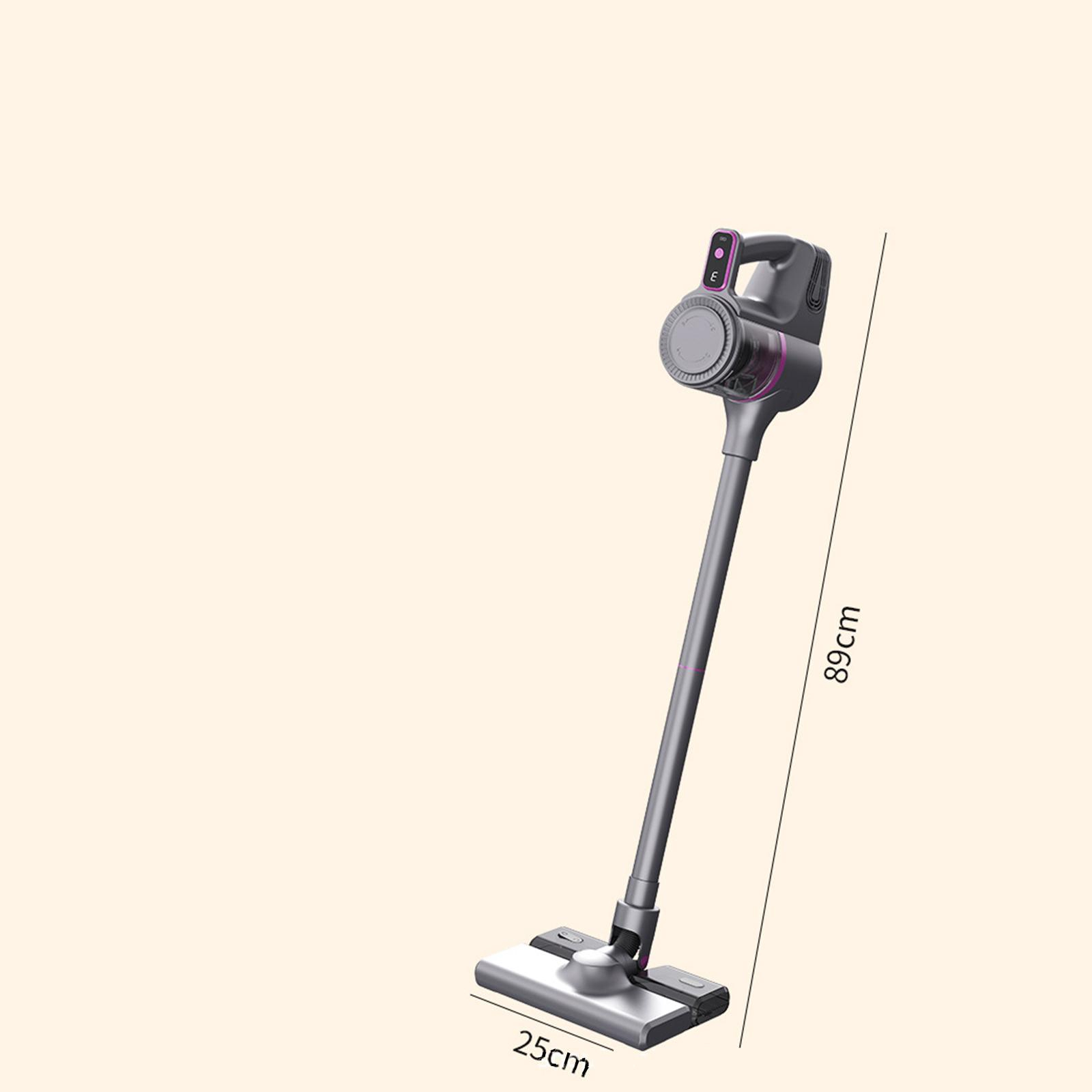 Vertikaler Staubsauger in Grau mit Abmessungen, cremefarbener Hintergrund.