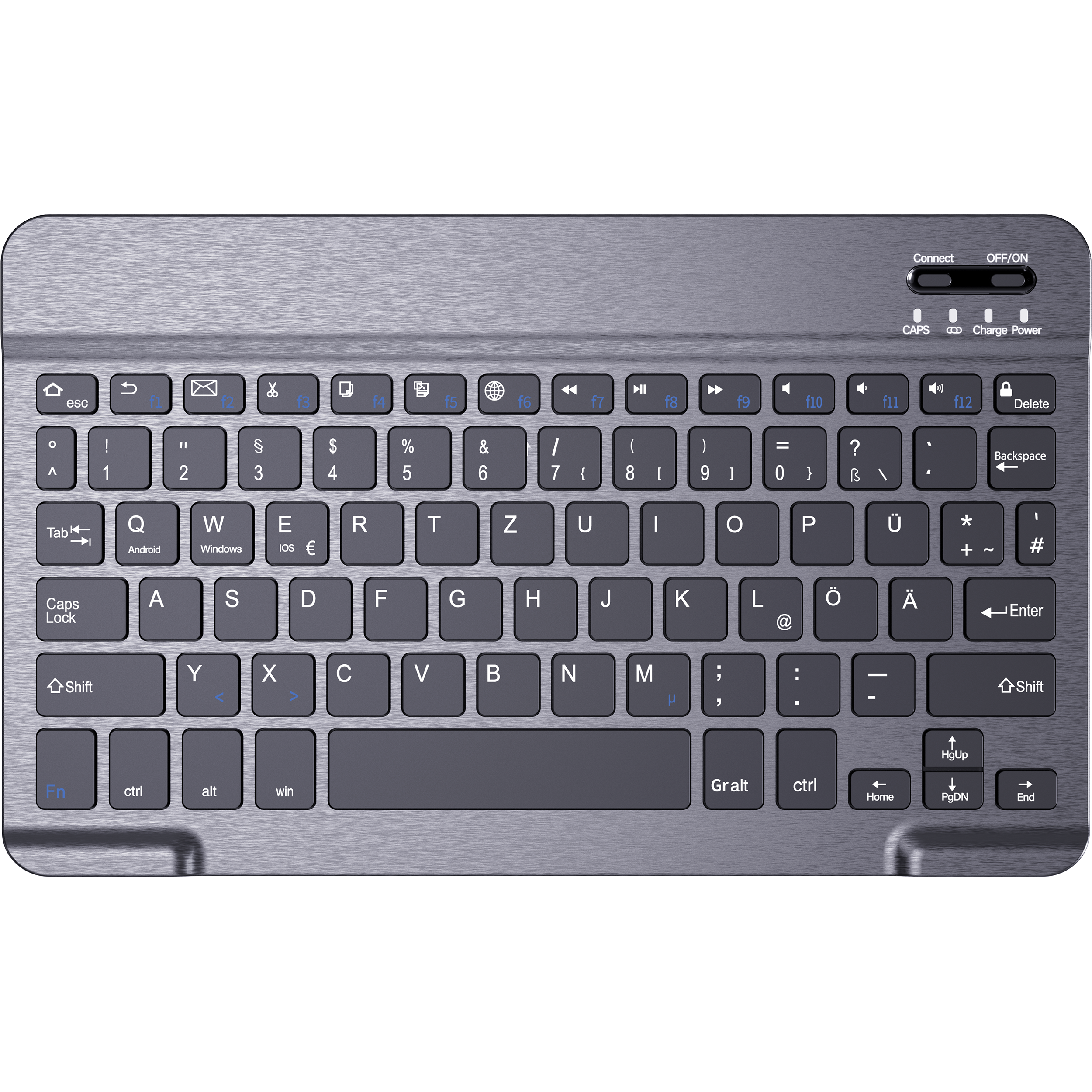 Silberne Tastatur auf schwarzem Hintergrund mit verschiedenen Tasten und Beschriftungen.