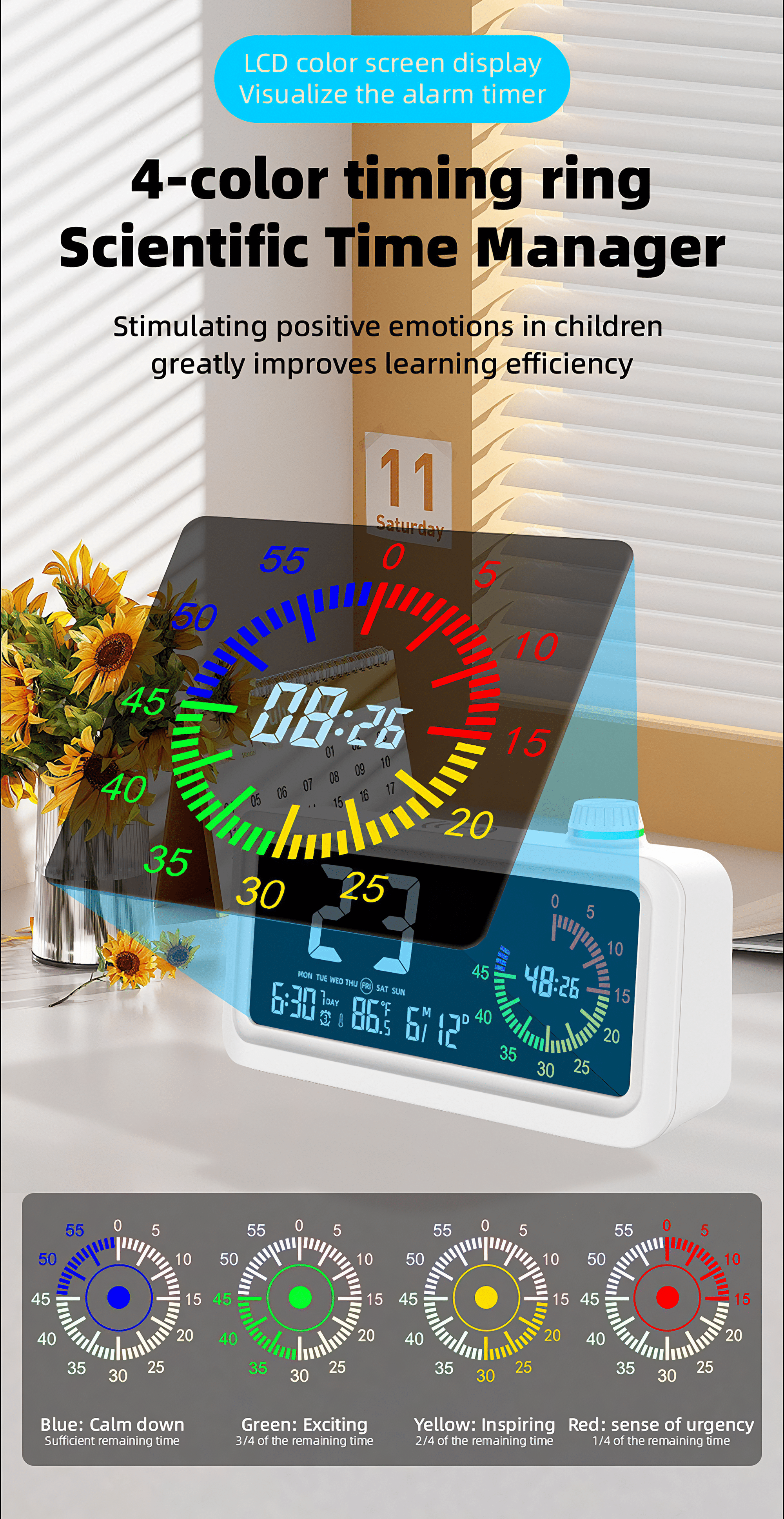 Eine Digitaluhr mit buntem Ring. Es ist ein Zeitmanager für Kinder.