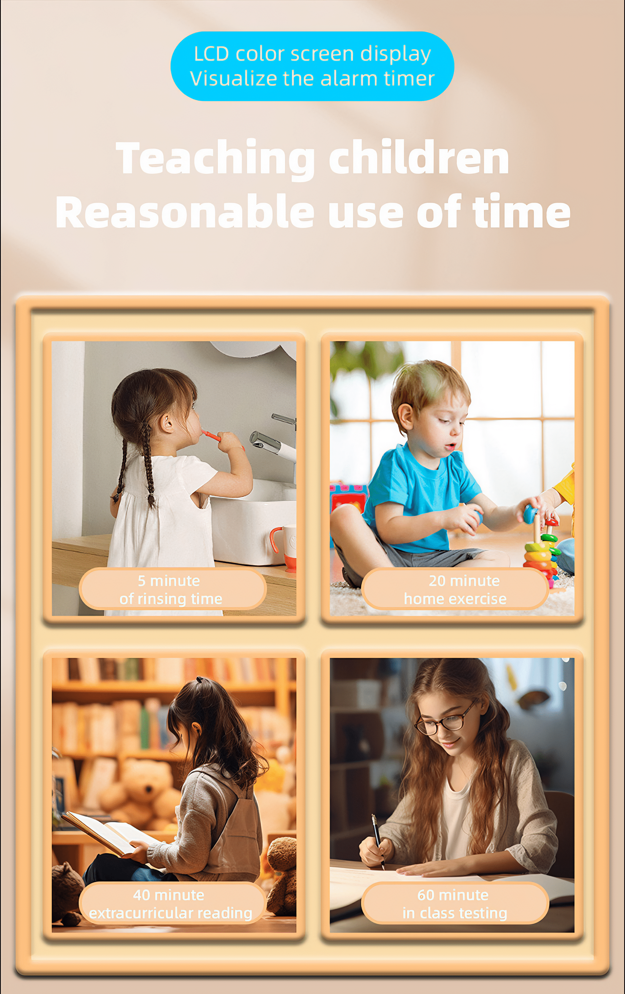 Vier Fotos zeigen Kinder bei verschiedenen Aktivitäten mit Text zum Zeitmanagement.