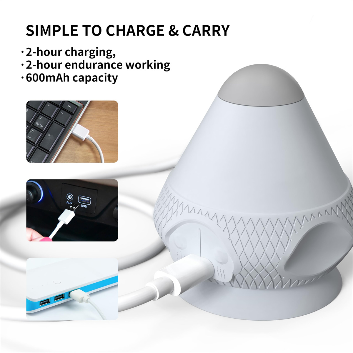 Weißes Gerät, das mit einem USB-Kabel aufgeladen wird. Text lautet: Einfach aufzuladen und zu transportieren.