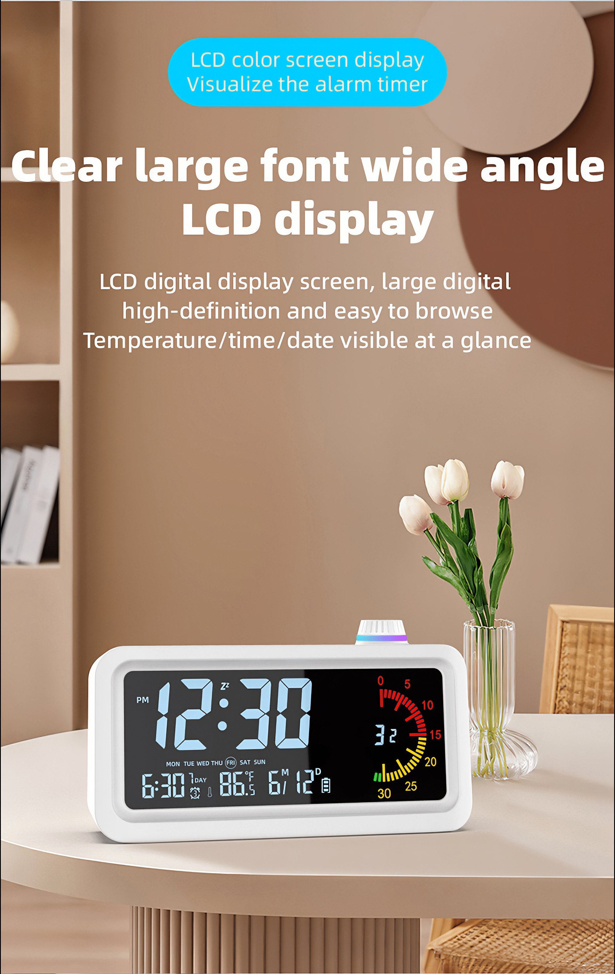 Digitalwecker zeigt 12:30. Es zeigt Uhrzeit, Temperatur und Datum an.