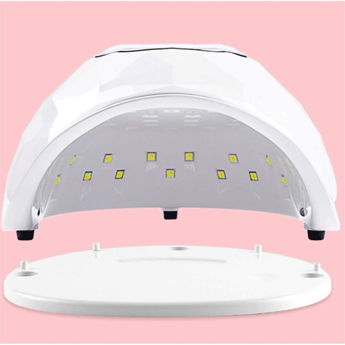 Weiße Nagellampe mit offenem Design, die interne LED-Leuchten freilegt.