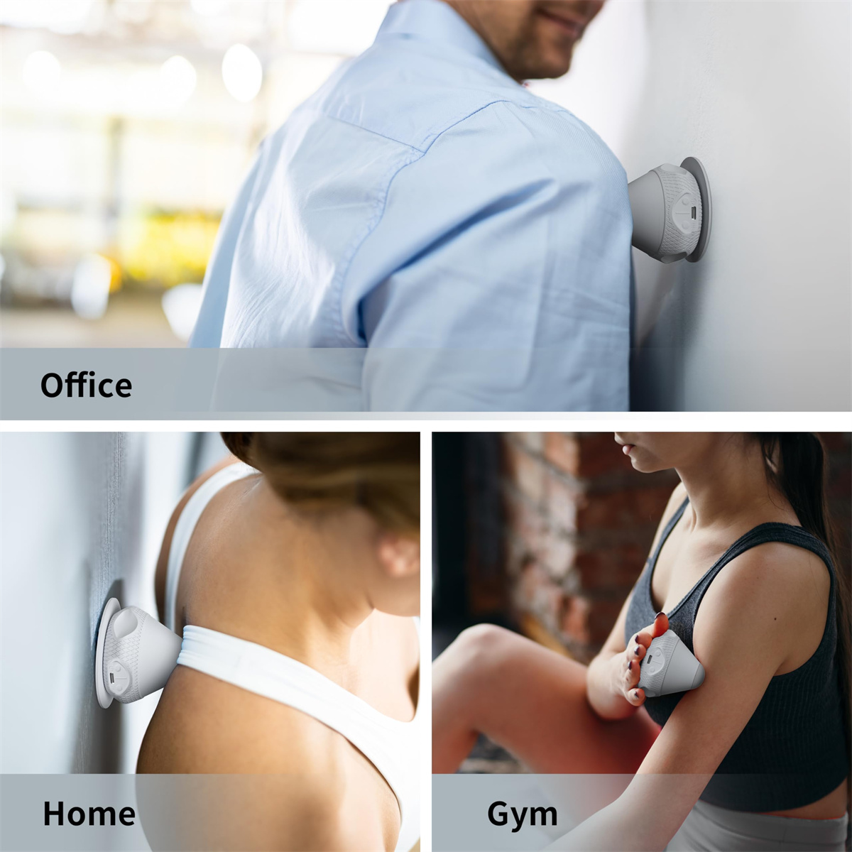 Mehrere Bilder zeigen einen Massageball, der im Büro, zu Hause und im Fitnessstudio verwendet wird.