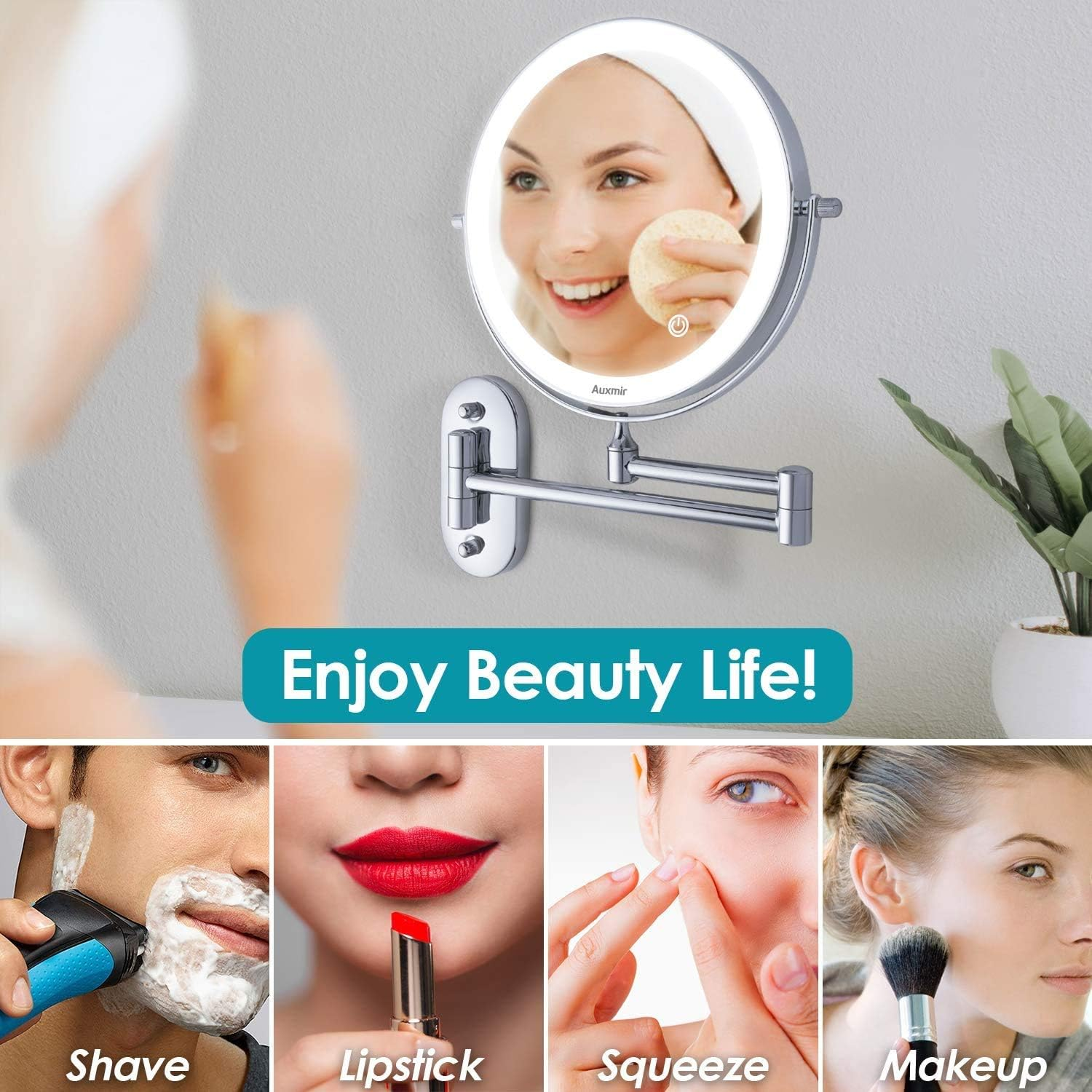 Collage, das eine Frau zeigt, die einen beleuchteten Spiegel für Make-up, Rasur und Hautpflege verwendet.