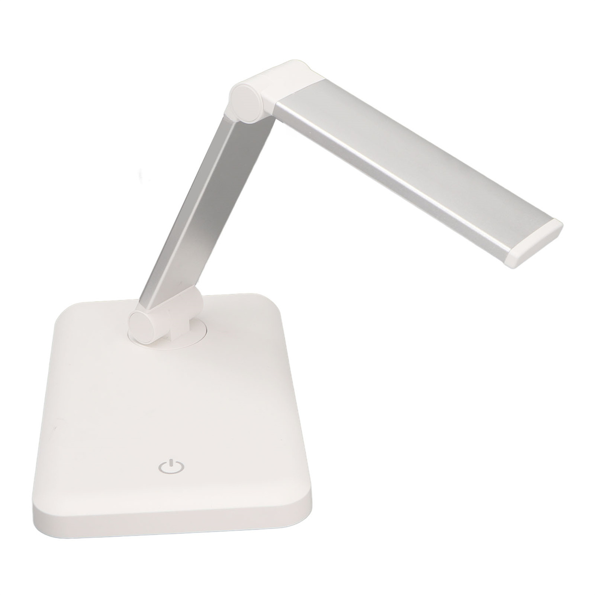 Eine weiße und silberne LED-Schreibtischlampe. Die Lampe hat einen verstellbaren Arm und einen quadratischen Sockel mit Ein-/Ausschalter.