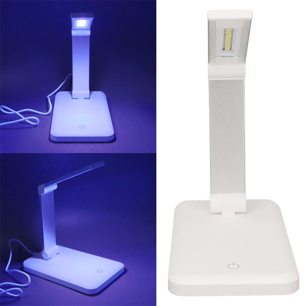 Eine weiße LED-Schreibtischlampe wird in drei Ansichten gezeigt: blau beleuchtet, aufrecht und abgewinkelt. Sie hat einen quadratischen Sockel.
