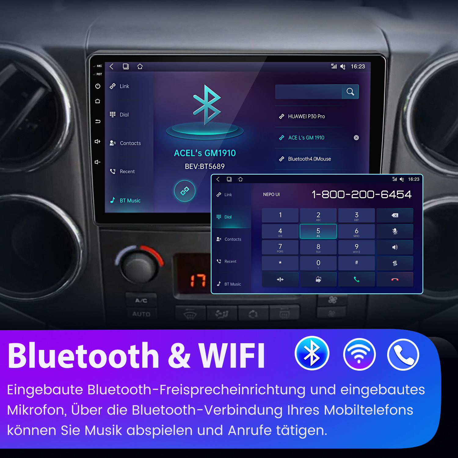 Ein Android-Autoradio zeigt Bluetooth- und WiFi-Konnektivität und zeigt Wähltastenfeld- und Kontaktlistenoptionen an.