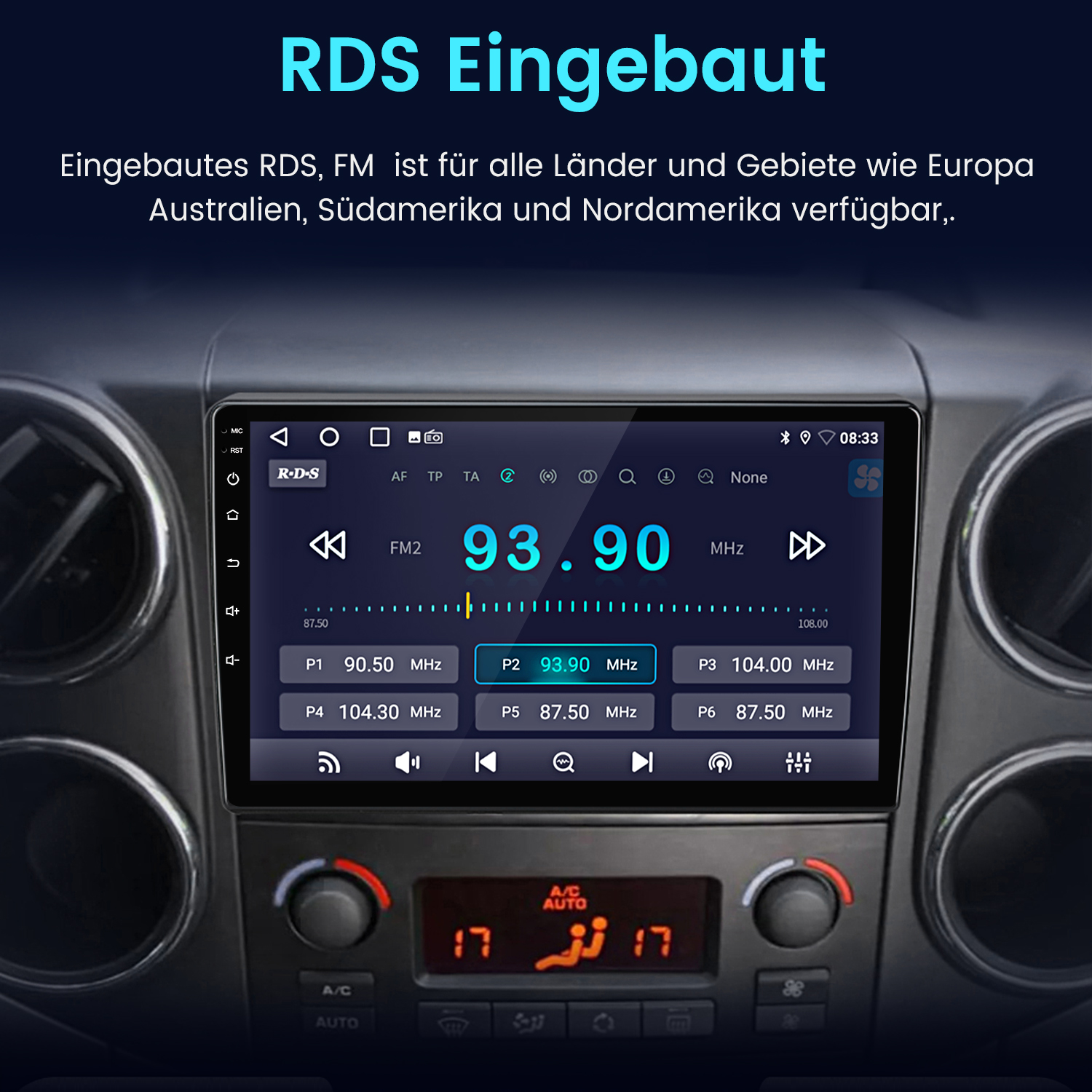 Ein Android-Autoradio zeigt RDS-Einstellungen an und zeigt Radiofrequenzen und Senderspeicher auf seinem Bildschirm.