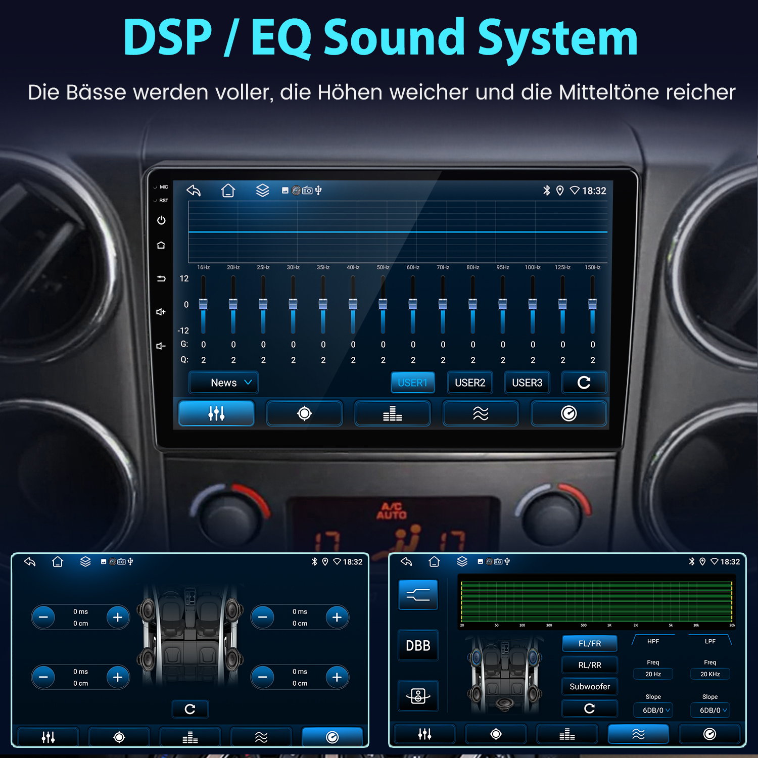 Ein Android-Autoradio zeigt DSP/EQ-Soundeinstellungen an und zeigt Frequenzanpassungen und Benutzervoreinstellungen.