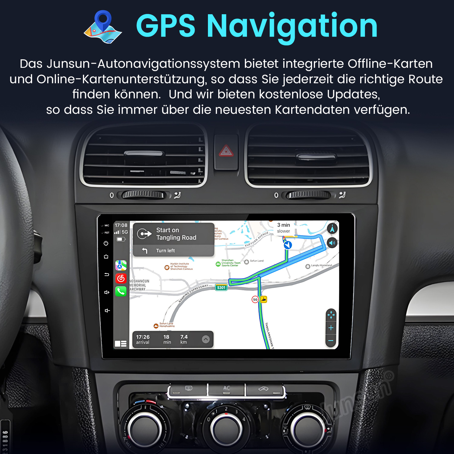 Der Multimedia-Bildschirm eines Autos zeigt GPS-Navigation mit Text in Deutsch an.