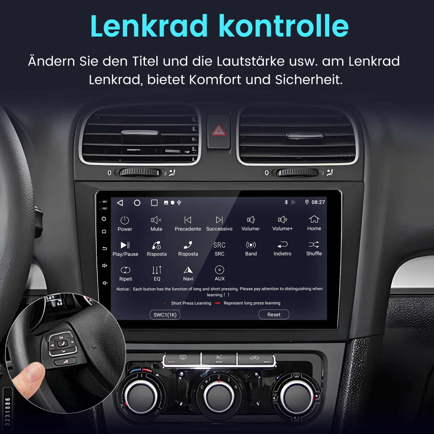 Armaturenbrett eines Autos mit Digitalbildschirm. Unten links ein Lenkrad mit Knöpfen. Deutsch steht darüber.