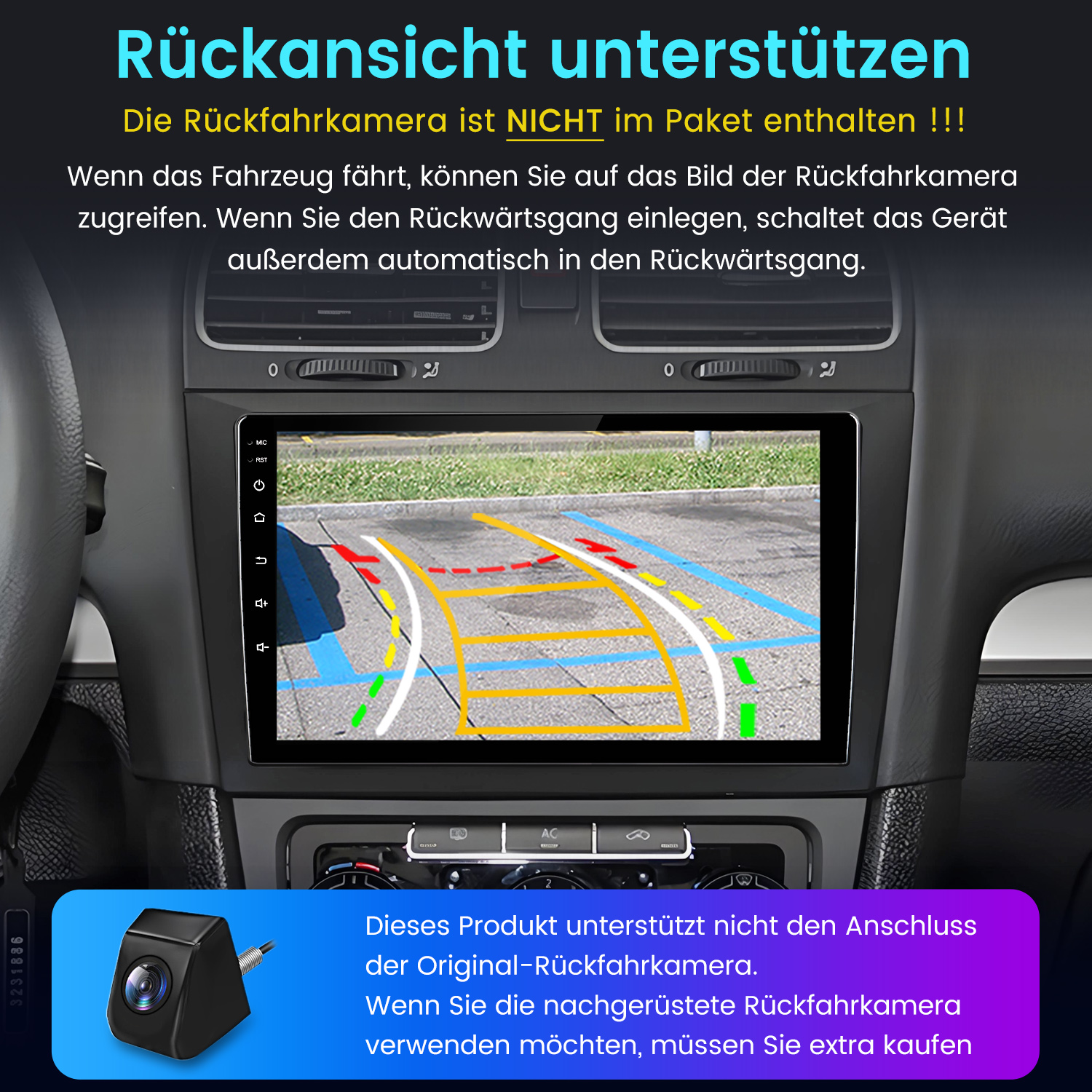 Armaturenbrett mit Digitalbildschirm, der eine Parkassistentenansicht zeigt. Im Eck eine Rückfahrkamera.