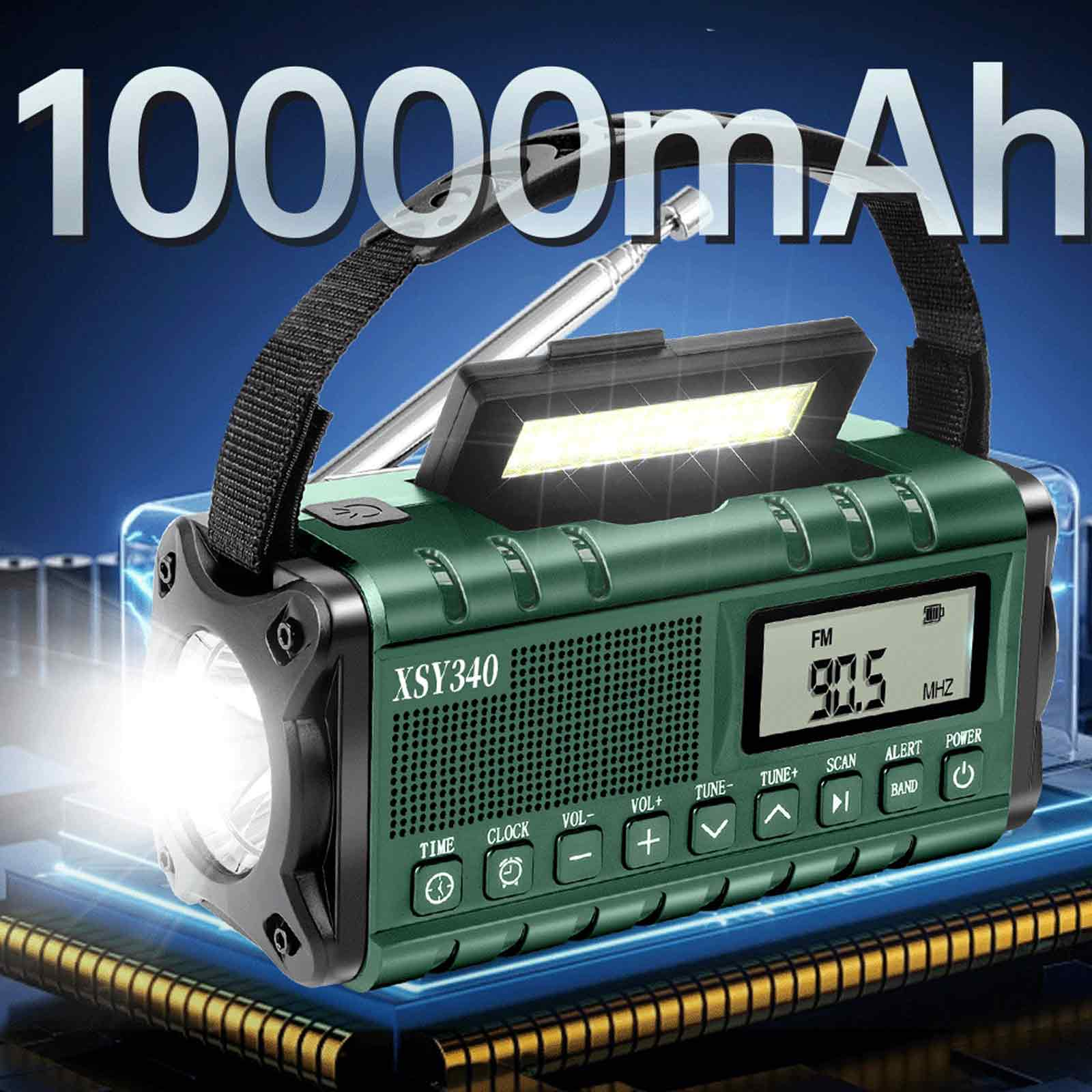 Grünes tragbares Radio mit Display, Griff und Antenne. Text: 10000mAh. Weißer Hintergrund.