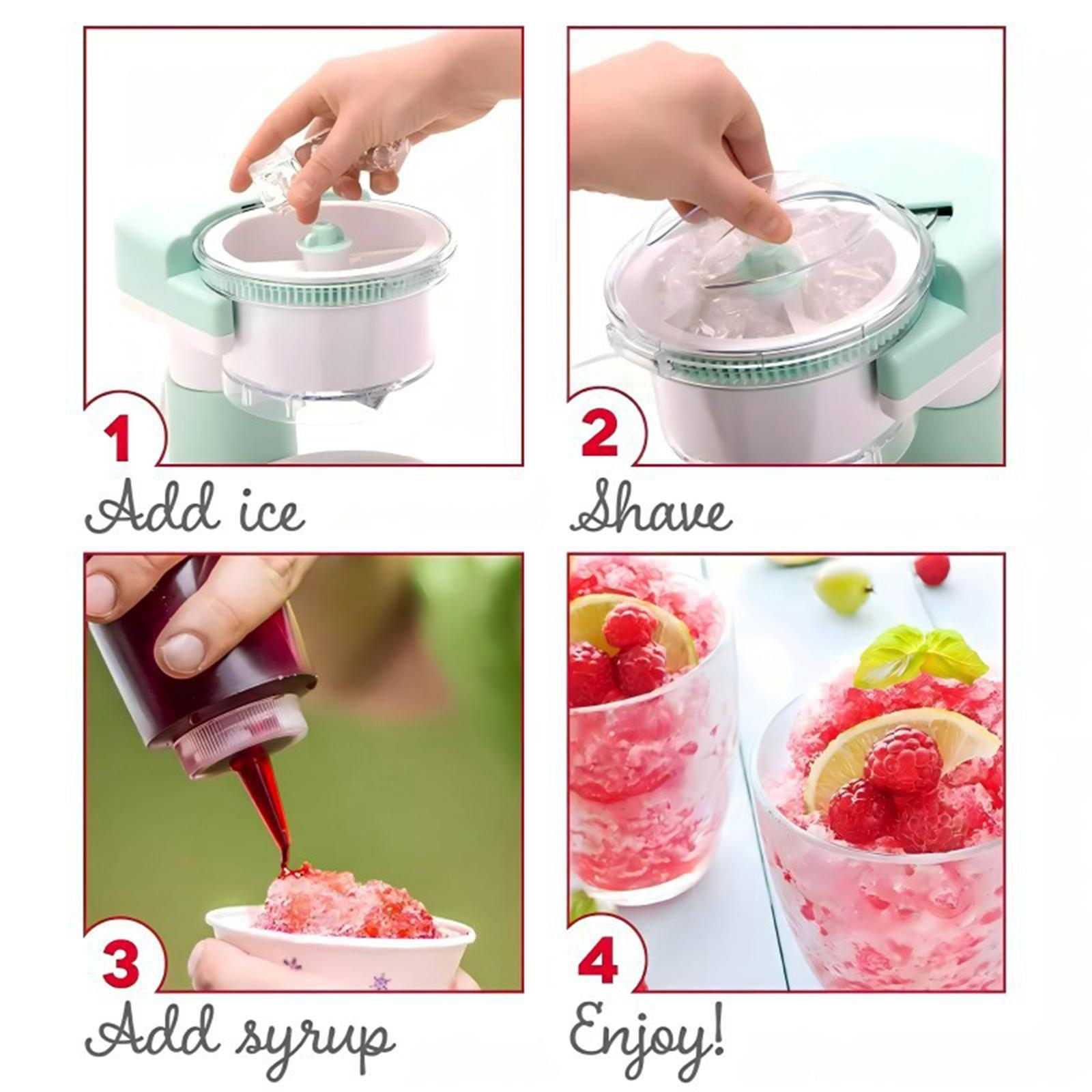 Vier Bilder: Eis hinzufügen, Eis raspeln, Sirup hinzufügen und Eis genießen.