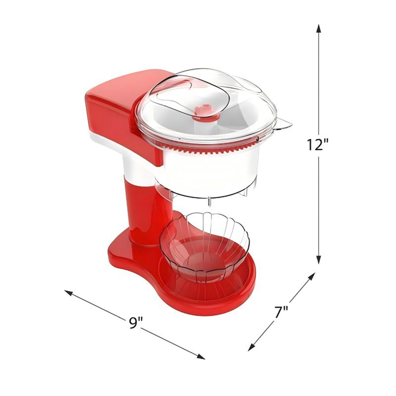 Rote und weiße Eisschabemaschine mit Schüssel. Inklusive Abmessungen: 12" Höhe, 9" Breite, 7" Tiefe.