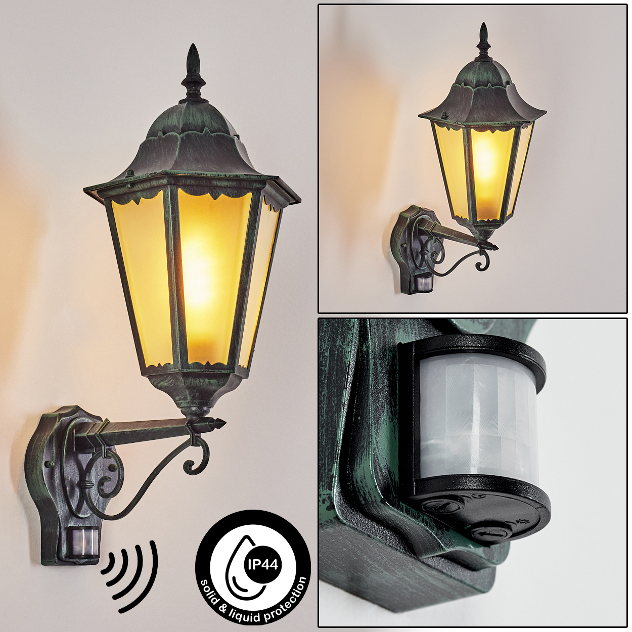 Außenleuchte. Grüne Lampe mit Sensor und Licht, das von ihr scheint.