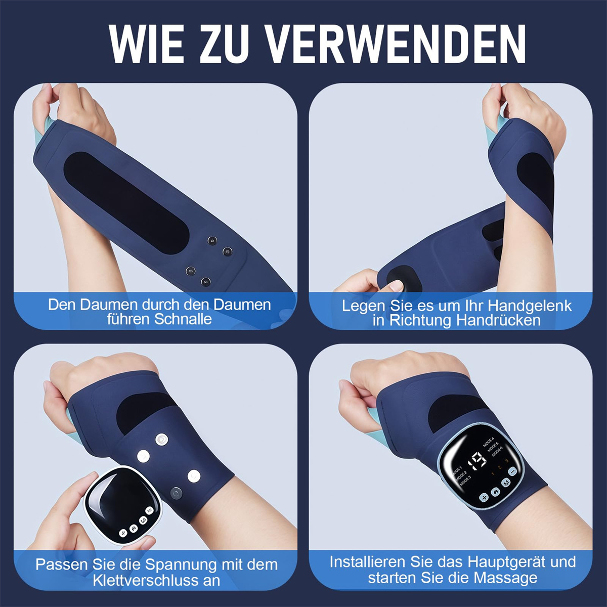 Anweisungen zur Verwendung eines blauen Handgelenkmassagegeräts. Zeigt die Schritte: einsetzen, platzieren und anpassen.