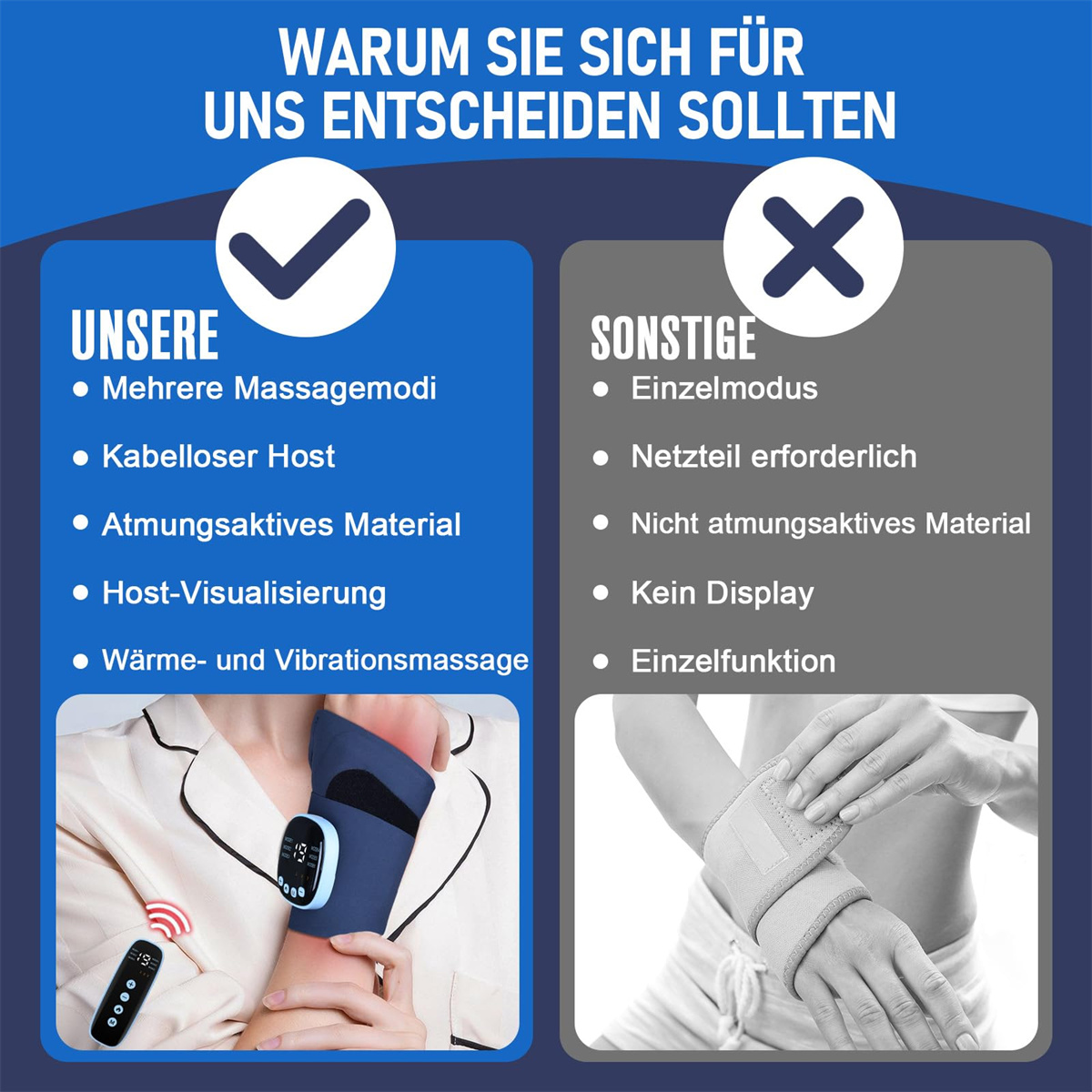 Bild, das Handgelenkmassagegeräte vergleicht: Unsere (links) vs. Andere (rechts) auf blauem/grauem Hintergrund.
