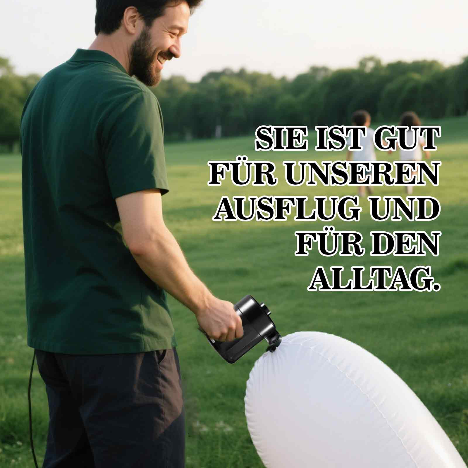 Mann pumpt weißes Kissen mit schwarzer Pumpe auf. Text: Gut für Ausflüge und den Alltag.