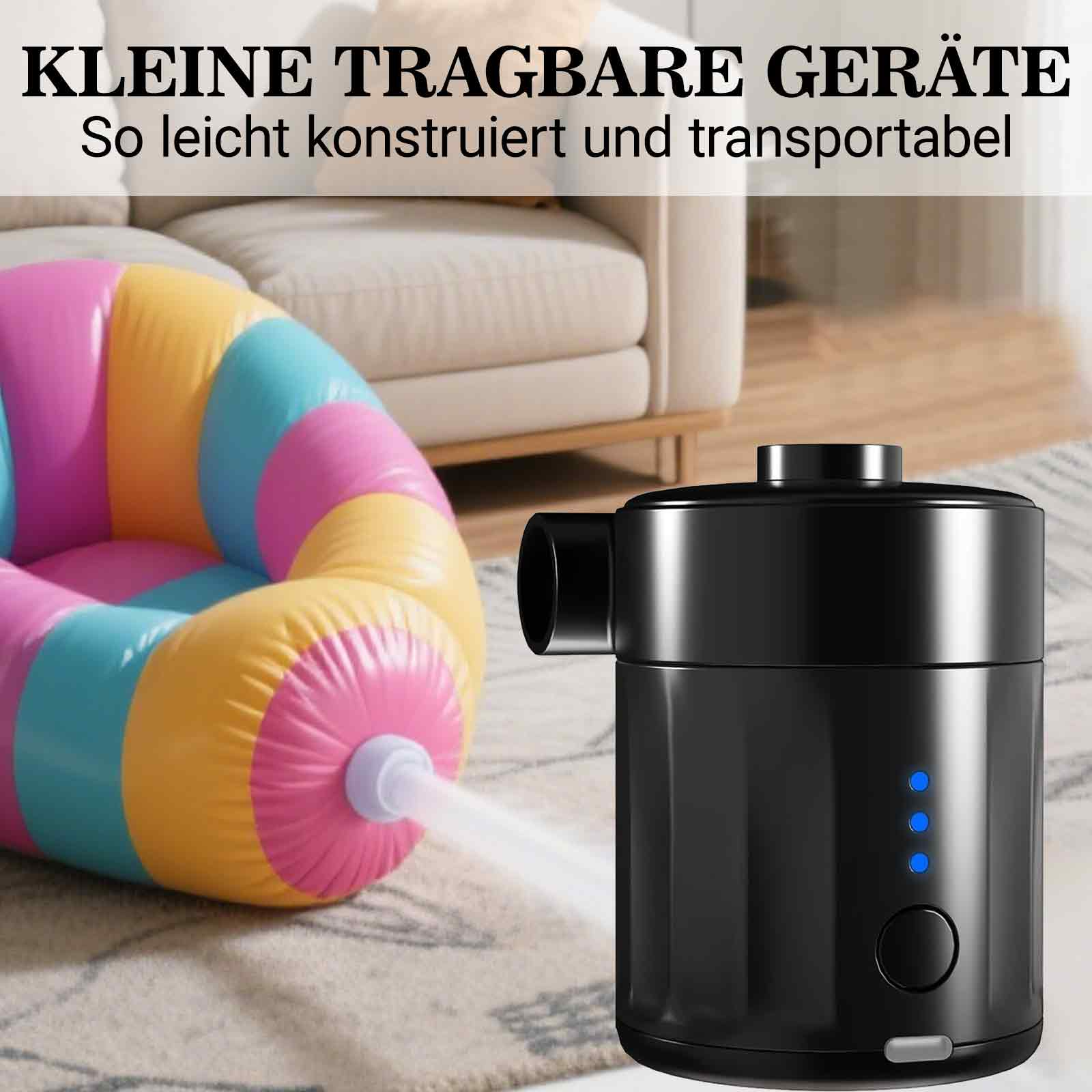 Eine schwarze tragbare Luftpumpe wird neben einem farbenfrohen aufblasbaren Stuhl in einer hellen Innenumgebung gezeigt.