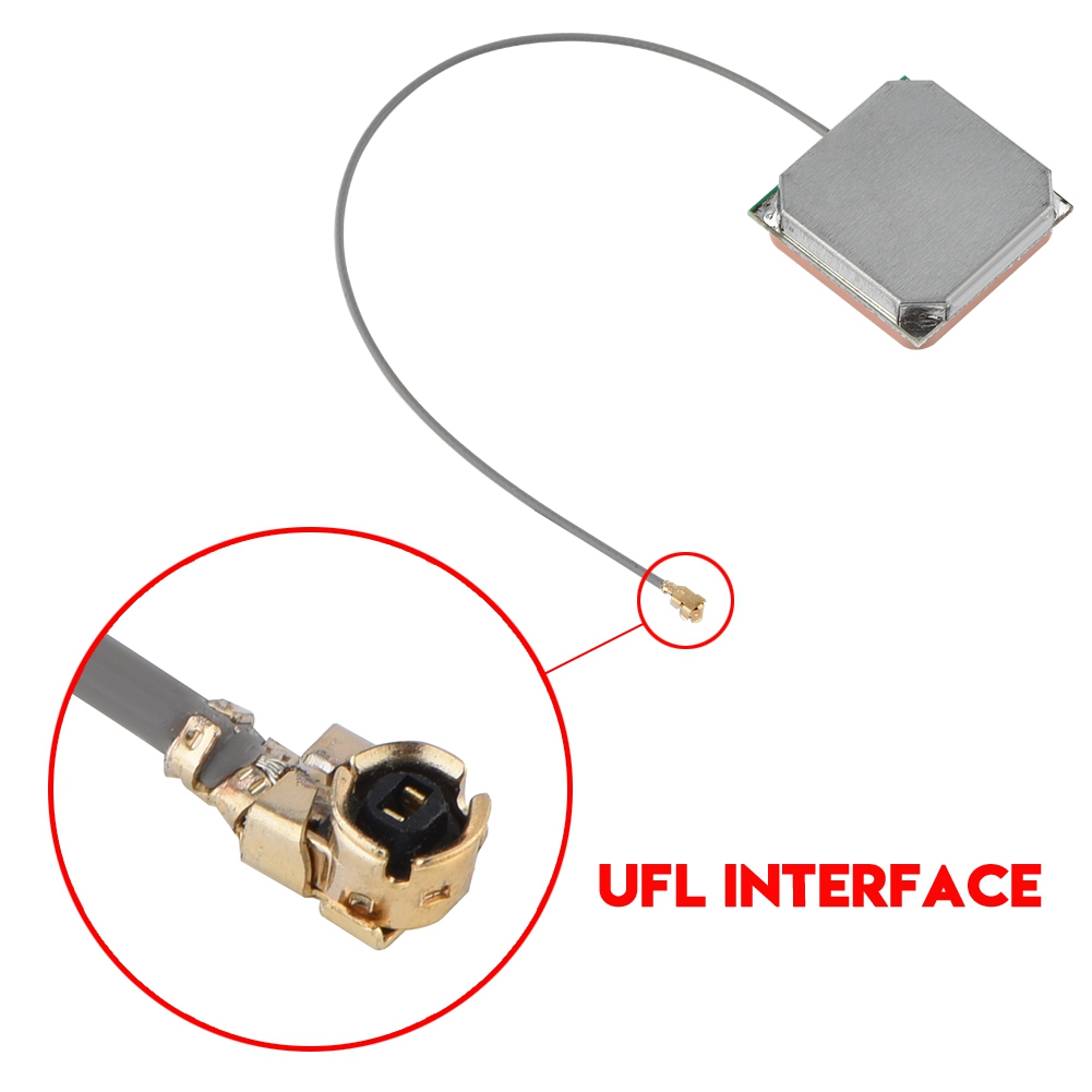 Ein UFL-Schnittstellenstecker mit grauem Kabel und Antenne.