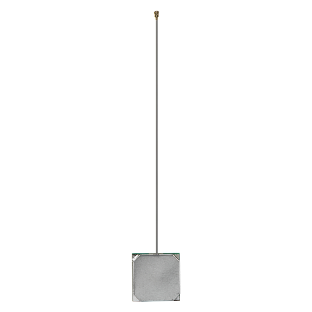 Eine quadratische Antenne mit einem langen grauen Kabel auf weißem Hintergrund.