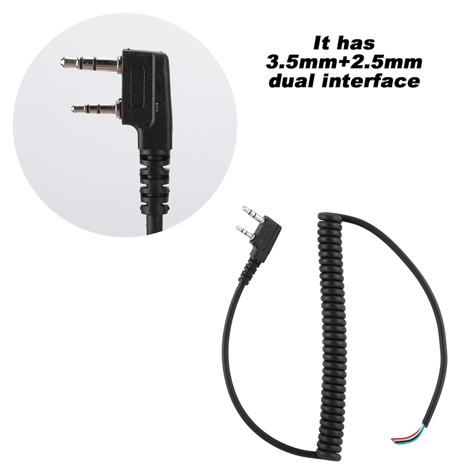 Schwarzes Kabel mit 3,5-mm- und 2,5-mm-Dual-Interface. Das Kabel ist auf einer Seite aufgewickelt.
