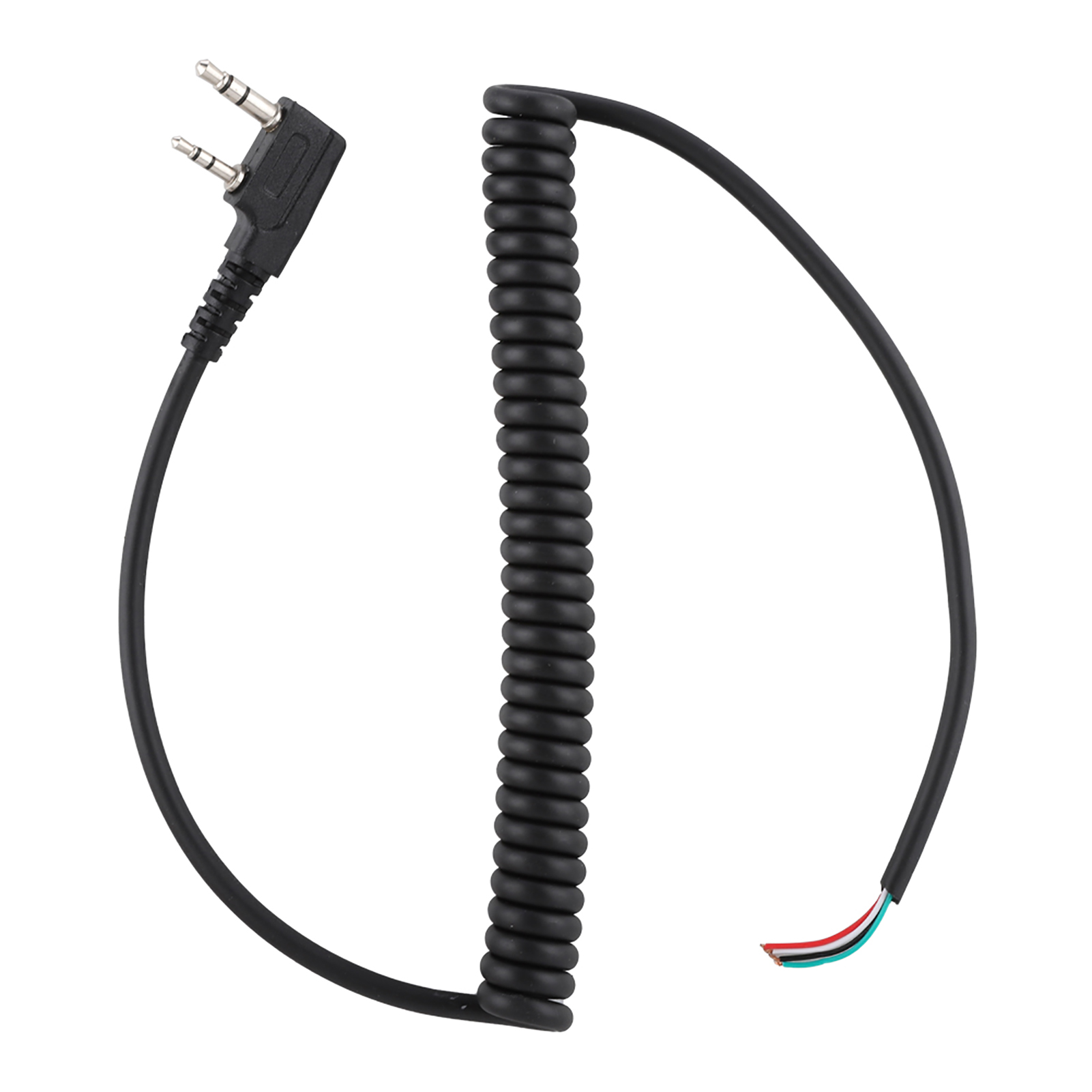 Schwarzes Spiralkabel mit einem 3,5-mm-Stecker an einem Ende und freiliegenden Drähten am anderen Ende.