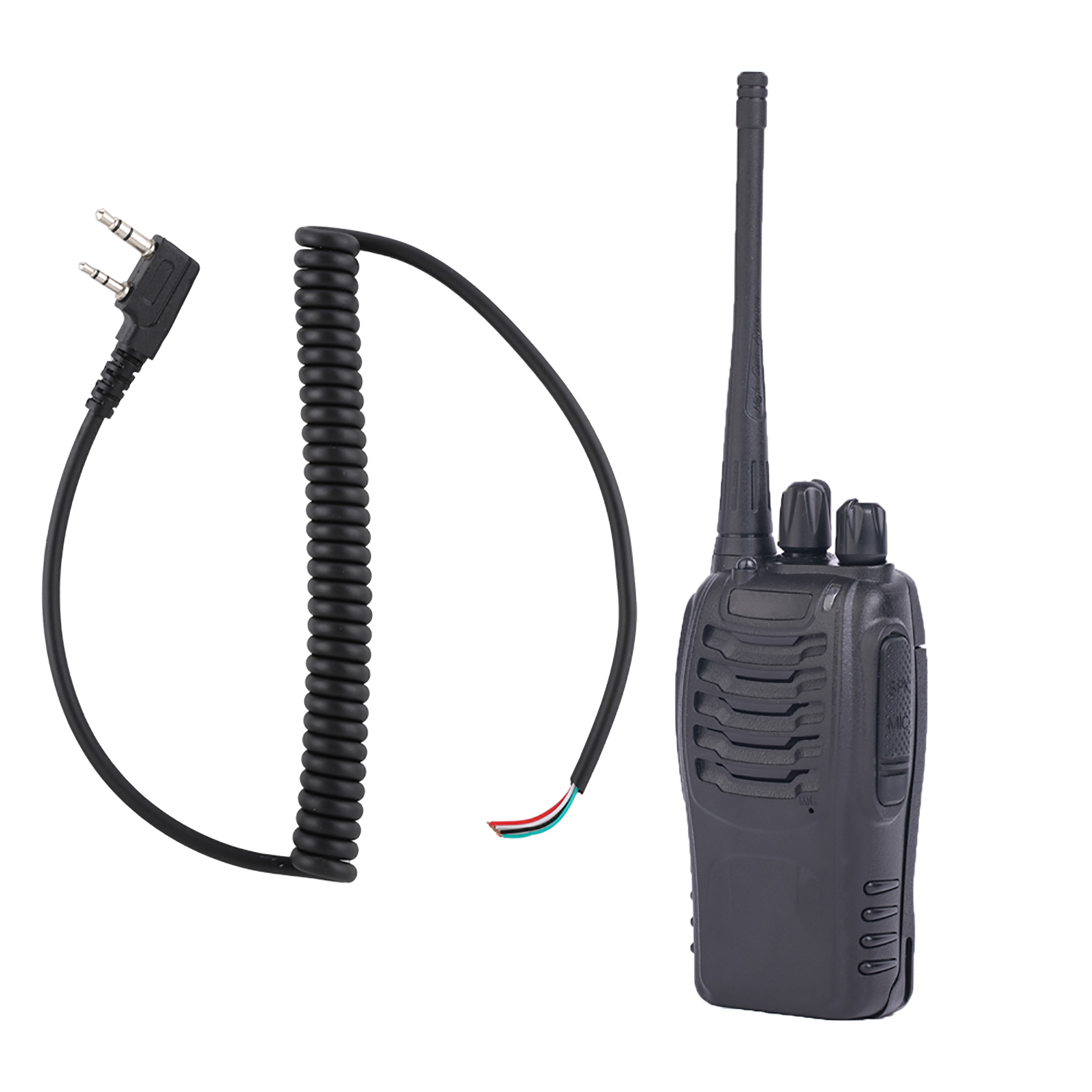 Schwarzes Walkie-Talkie mit einem Spiralkabel und einem 3,5-mm-Stecker auf der linken Seite.