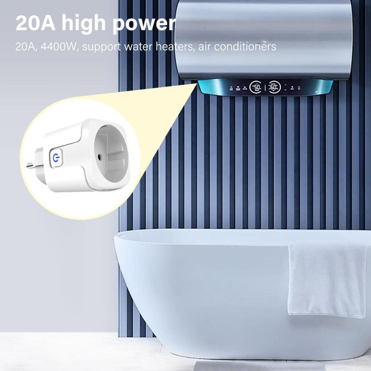 Intelligenter Stecker in einem Badezimmer, der mit einem Warmwasserbereiter verbunden ist und Smart-Home-Technologie bewirbt.