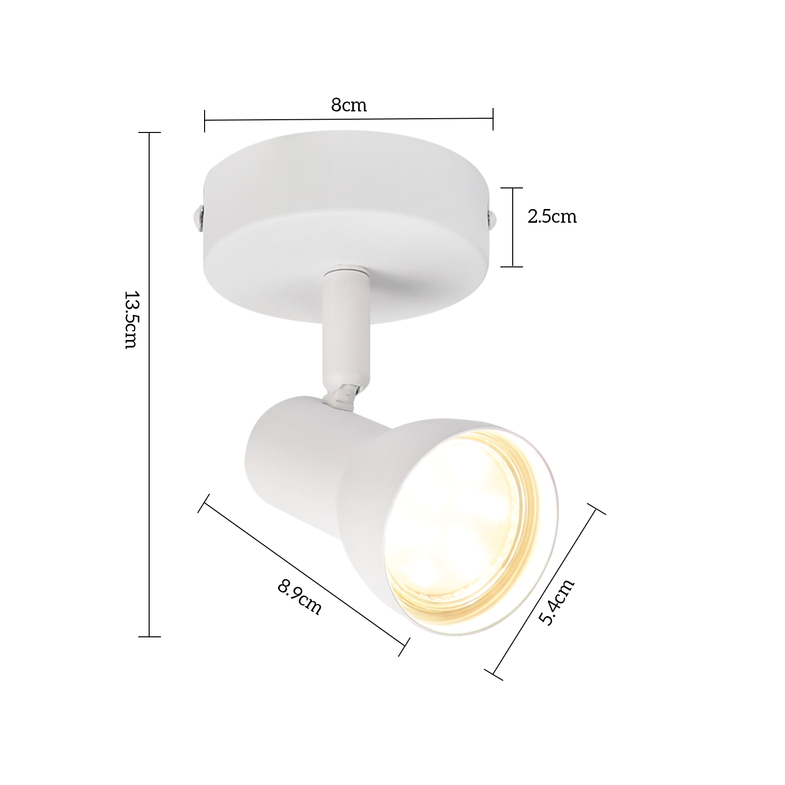 Szczegółowe wymiary białej oprawy reflektora, pokazujące wymiary w centymetrach.