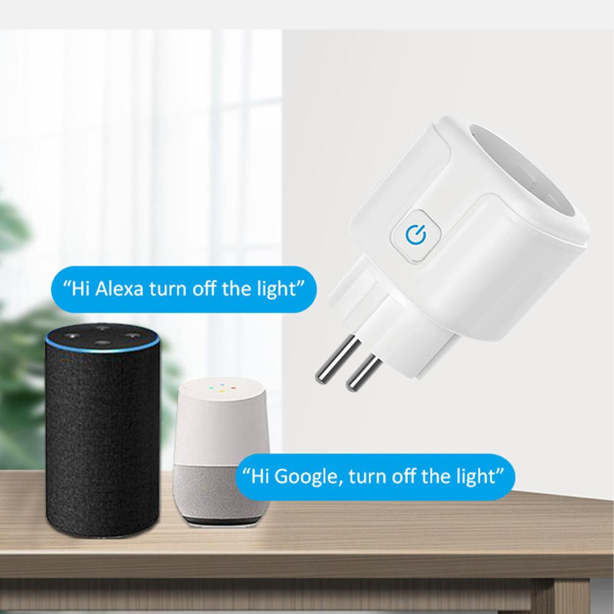 Intelligenter Stecker mit Sprachbefehlen zusammen mit Amazon Echo- und Google Home-Geräten auf einem Tisch.