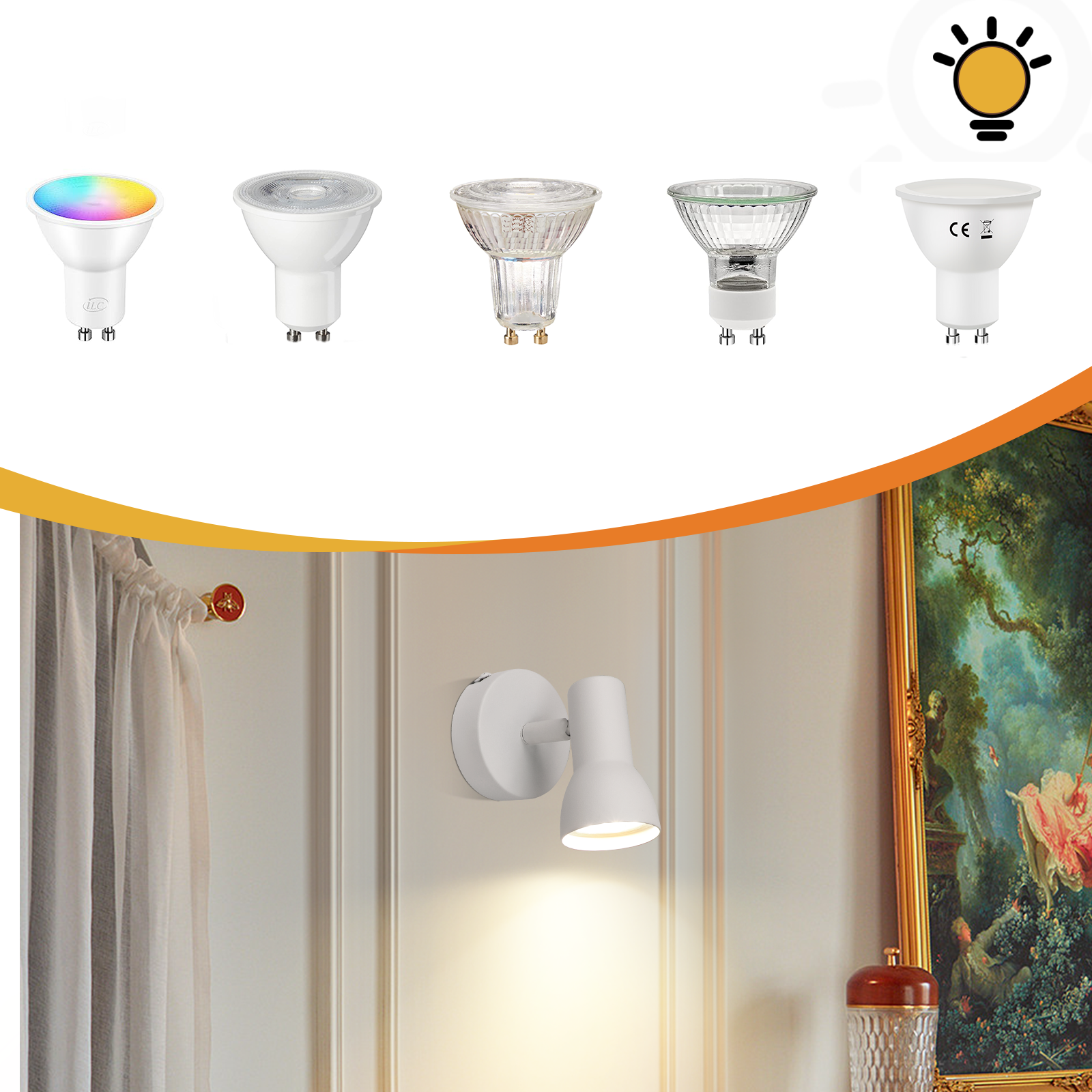 Selezione di lampadine sopra un faretto a parete, che mostra diversi tipi di lampadine.