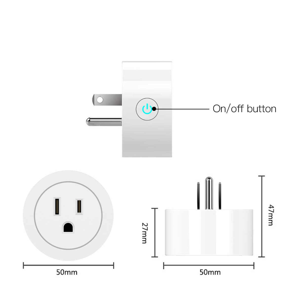 Weißer Smart-Stecker mit Abmessungen und Ein/Aus-Taste. Zeigt Stecker- und Buchsenansichten und Messungen.