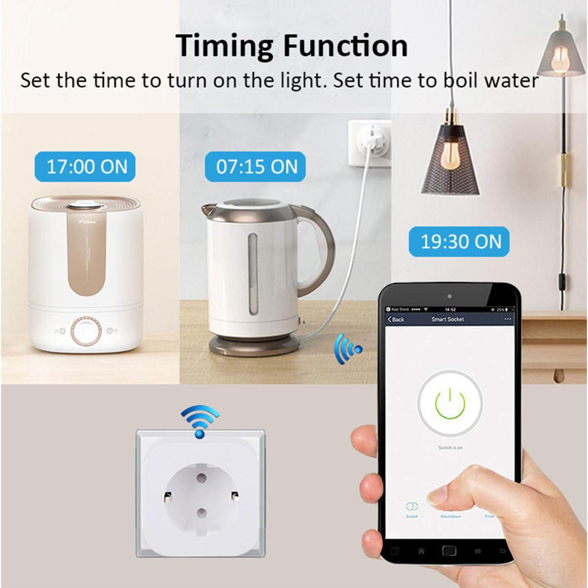 Diagramm zur Zeitfunktion mit Beispielen für einen Luftbefeuchter, einen Wasserkocher und eine Lampe, die von einer Smart-Steckdose gesteuert werden.