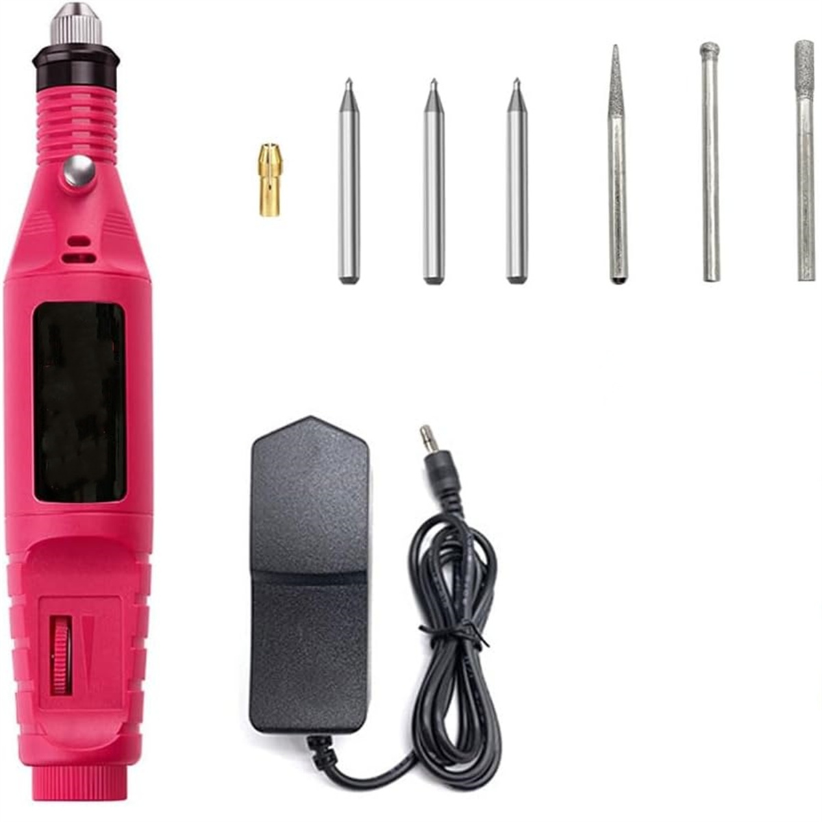 Ein rosa elektrisches Werkzeug mit verschiedenen Aufsätzen und einem Netzteil, das auf einem weißen Hintergrund ausgestellt ist.