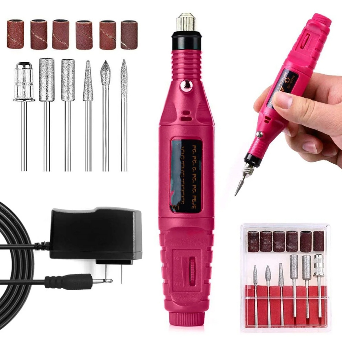 Ein rosa elektrisches Werkzeug mit verschiedenen Aufsätzen, Netzteil und einer Hand, die das Werkzeug hält, werden angezeigt.