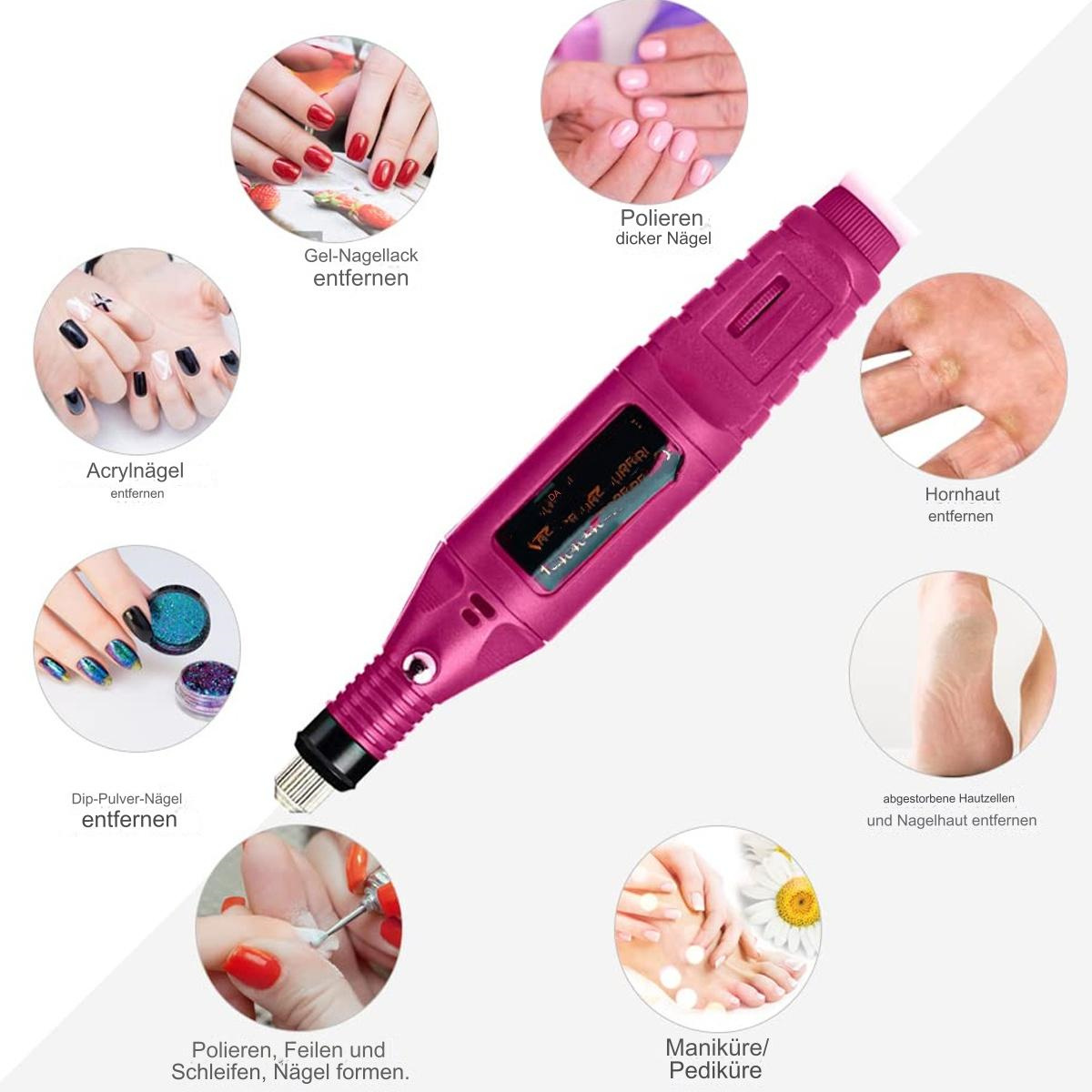 Ein rosa elektrisches Werkzeug ist von Bildern umgeben, die verschiedene Anwendungen zeigen, z. B. das Entfernen von Gel-Nagellack und Acrylnägeln.