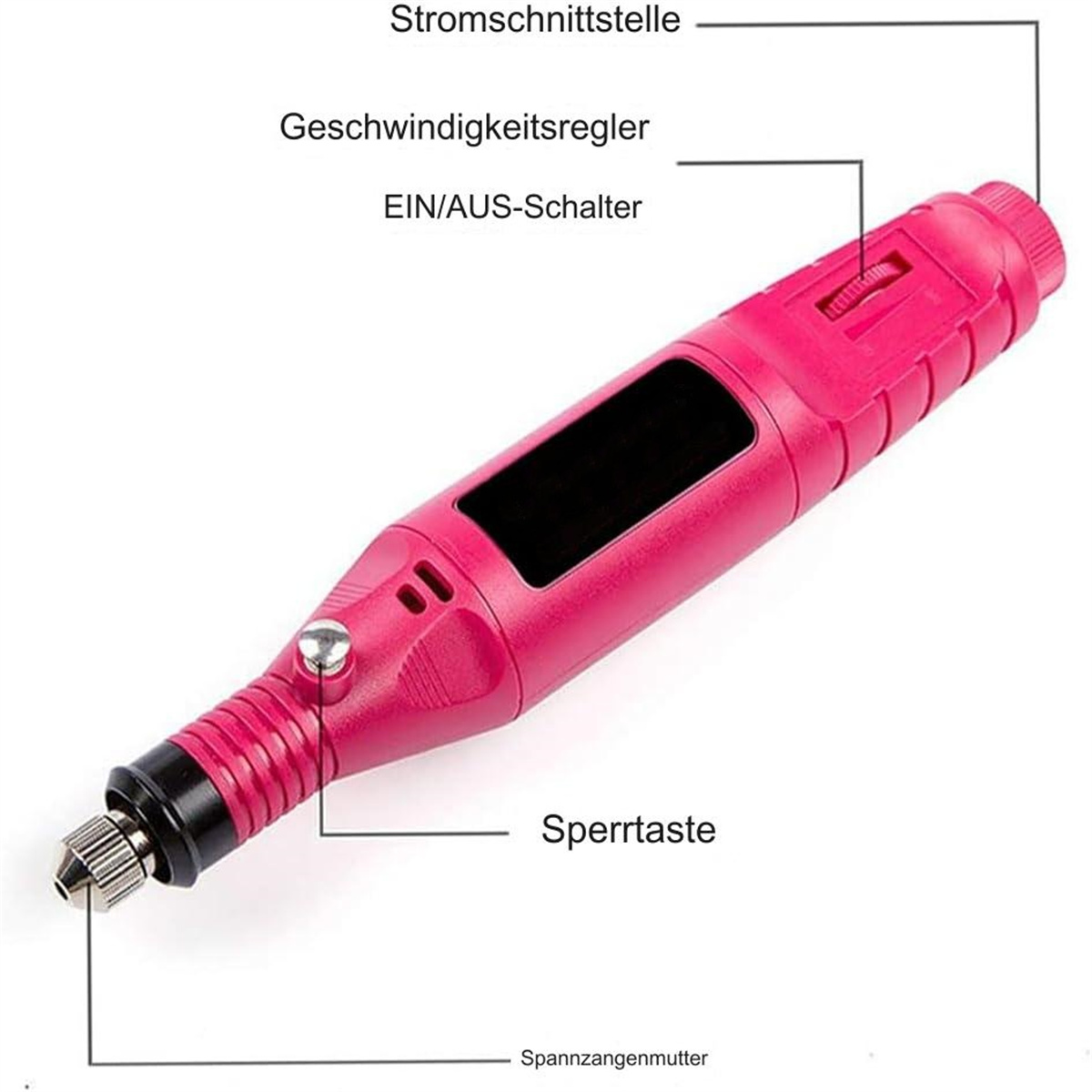 Ein rosa elektrisches Werkzeug wird mit Beschriftungen gezeigt, die auf verschiedene Funktionen wie Geschwindigkeitsregelung und Leistungsschnittstelle hinweisen.