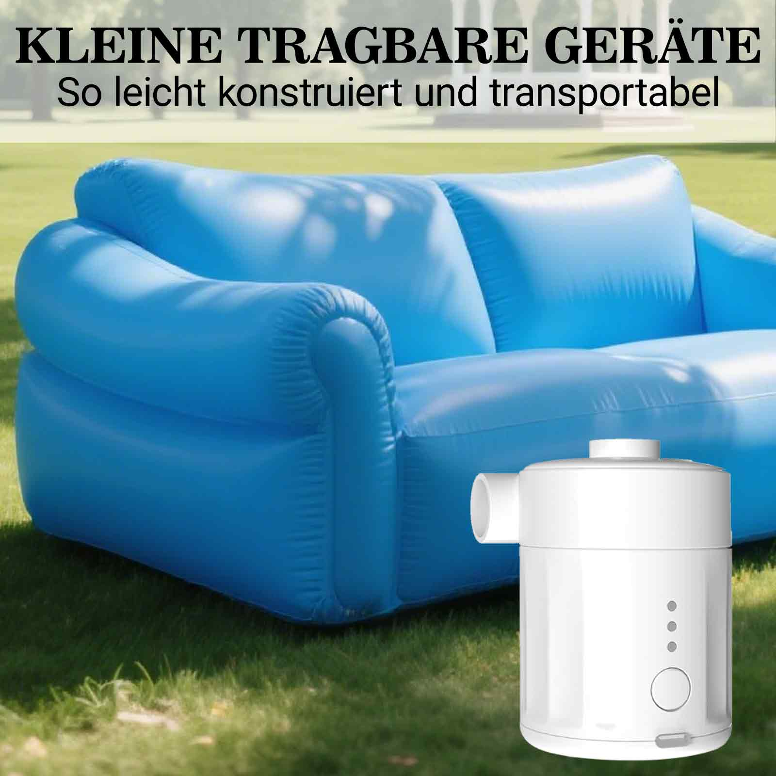 Ein blaues aufblasbares Sofa mit einer weißen tragbaren Luftpumpe auf einer grünen Rasenfläche.