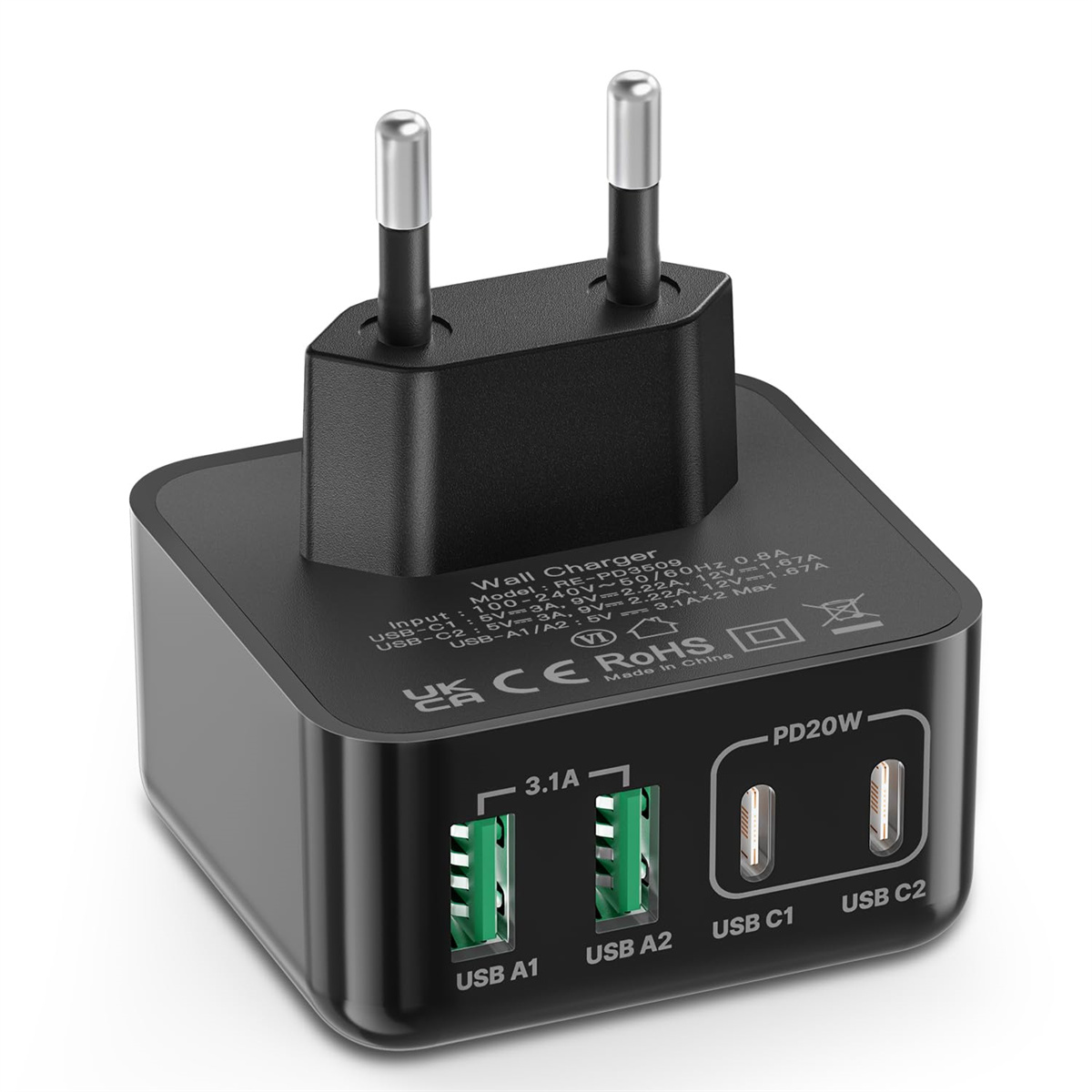 Ein schwarzes Wandladegerät mit zwei USB- und zwei USB-C-Anschlüssen. Details des Ladegeräts sind sichtbar.